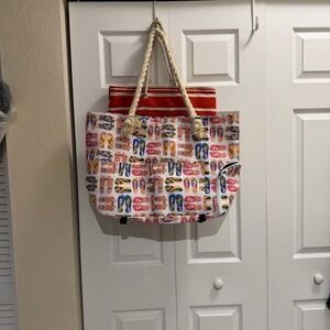 2 - Colorful bags, 1 - Flip-Flop Print Tote Bag 2 - red white striped.